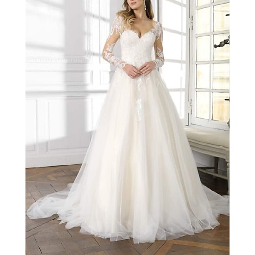 

A-Line Wedding Dresses V Neck Sweep / Brush Train Lace Tulle Long Sleeve Country Romantic with Appliques 2022