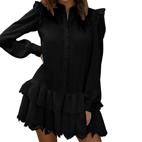 

Women's A Line Dress Short Mini Dress Black Long Sleeve Pure Color Hollow Out Button Fall Spring Stand Collar Casual 2022 S M L XL