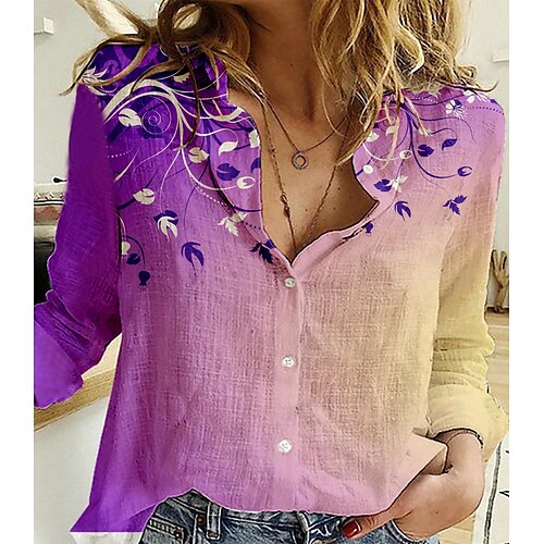 

Mulheres Tema Flores Blusa Camisa Social Floral Cores Gradiente Folhas Botão Imprimir Colarinho de Camisa Casual Roupa de rua Blusas Roxo