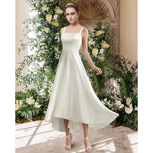 

A-Line Wedding Dresses Square Neck Spaghetti Strap Asymmetrical Tea Length Satin Sleeveless Simple Sexy Backless with Pleats 2022