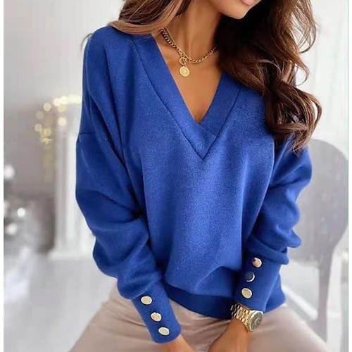 

Women's Pullover Sweater Jumper Knitted Button Solid Color Basic Elegant Casual Long Sleeve Regular Fit Sweater Cardigans V Neck Fall Winter Blue Black Red / Going out / Work