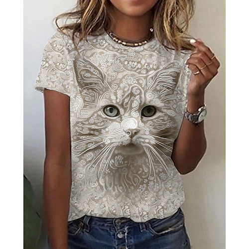 

Women's T shirt Tee Cat Graphic Patterned 3D Daily Weekend 3D Cat Painting T shirt Tee Short Sleeve Print Round Neck Basic Essential Ethnic Vintage Green Blue Purple S / 3D Print