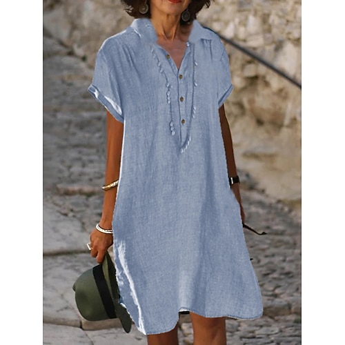 

Women's T Shirt Dress Tee Dress Short Mini Dress Blue Gray Beige Short Sleeve Solid Color Pocket Button Fall Spring Shirt Collar Elegant Vintage Loose 2022 S M L XL XXL 3XL 4XL 5XL