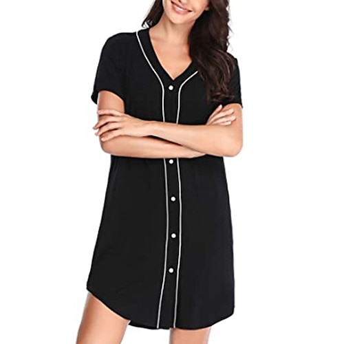 

Women's Pajamas Nightgown Nighty 1 PCS Stripes Pure Color Simple Comfort Home Party Daily Polyester Gift V Wire Short Sleeve Basic Spring Summer Navy Black / Buckle