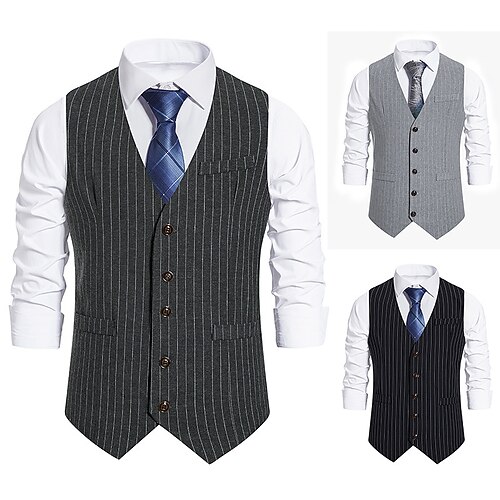 

Men's Vest Gilet Breathable Halloween Daily Work Single Breasted V Neck Business Elegant Jacket Outerwear Striped Pocket Light gray Dark Gray Black / Fall / Sleeveless