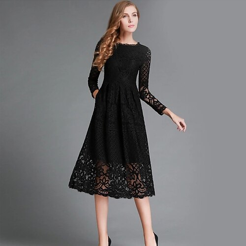 

Women's Party Dress Lace Dress Swing Dress Midi Dress Black Long Sleeve Pure Color Lace Winter Fall Autumn Crew Neck Wedding Party Winter Dress S M L XL XXL XXXL