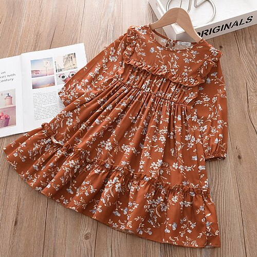 

Kids Girls' Dress Plants Knee-length Dress School Print Long Sleeve Cute Dress 2-6 Years Fall Khaki