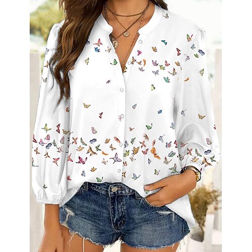 

Mulheres Camisa Social Blusa Branco Rosa Azul Animal Borboleta Botão Imprimir Manga Longa Diário Final de semana Roupa de rua Casual Colarinho de Camisa Padrão Borboleta S