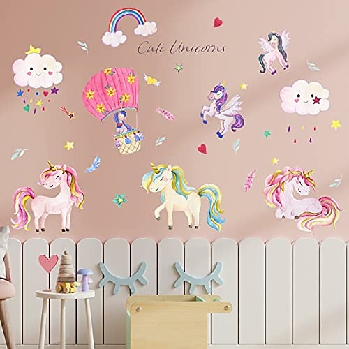 

unicorns wall decal stickers peel and stick unicorn rainbow vinyl wall stickers removable decals for girls bedroom kids room nursery, unicorn wall art home decorations party supplies