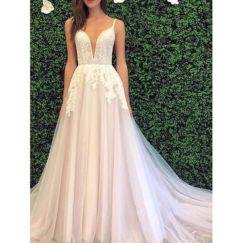 

A-Line Wedding Dresses V Neck Spaghetti Strap Court Train Lace Tulle Sleeveless Country Romantic with Pleats Appliques 2022