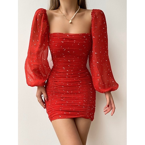 

Women's Party Dress Holiday Dress Sheath Dress Red Long Sleeve Floral Ruched Winter Fall Autumn Square Neck Hot Winter Dress Fall Dress 2022 S M L XL