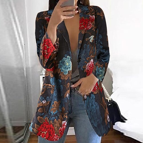 

Women's Blazer Daily Valentine's Day Work Fall Regular Coat Regular Fit Breathable Casual Jacket Long Sleeve Floral Print Black Red Rose Pink