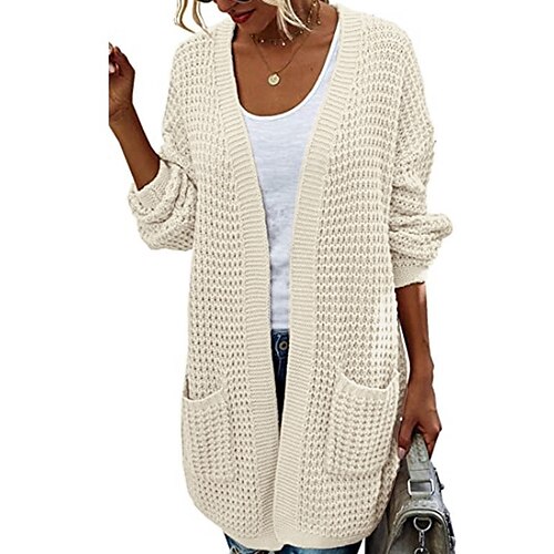 

Women's Cardigan Sweater Jumper Crochet Waffle Knit Tunic Pocket Knitted Solid Color Open Front Basic Casual Daily Going out Drop Shoulder Winter Fall Green Pink S M L / Long Sleeve / Chunky