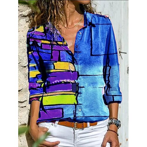 

Women's Blouse Shirt Blue Yellow Red Color Block Color Gradient Patchwork Print Long Sleeve Daily Streetwear Shirt Collar S