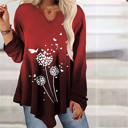 

Women's Plus Size Tops T shirt Tee Pullover Sweatshirt Floral Color Gradient Asymmetric Print Long Sleeve V Neck Streetwear Daily Weekend Polyester Fall Spring Blue Gray / Butterfly