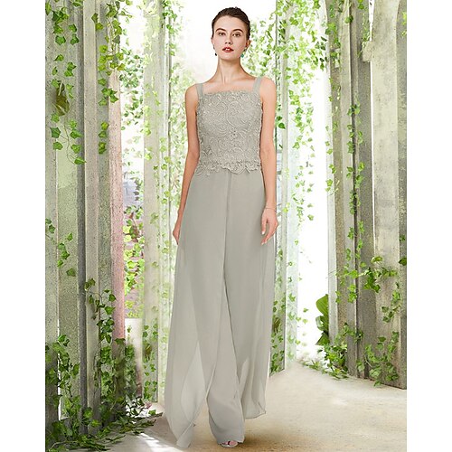 

Todelt Buksedrakt Kjole til brudens mor Elegant Firkantet hals Gulvlengde Chiffon Blonder Ermeløs med Appliqué 2023