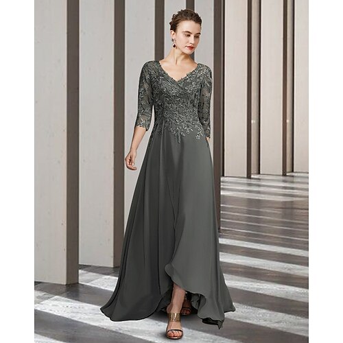 

A-Line Mother of the Bride Dress Elegant V Neck Asymmetrical Floor Length Chiffon Lace Half Sleeve with Appliques 2022