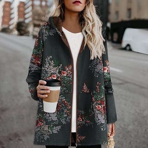 

Women's Plus Size Parka Pocket Floral Going out Long Sleeve Hoodie Regular Winter Fall Green Dark Blue XL XXL 3XL 4XL 5XL