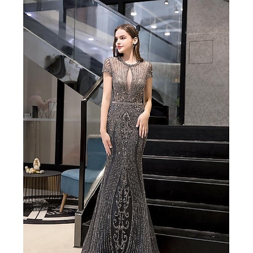 

Mermaid / Trumpet Evening Dresses Luxurious Dress Engagement Sweep / Brush Train Short Sleeve Jewel Neck Tulle with Beading 2022 / Formal Evening
