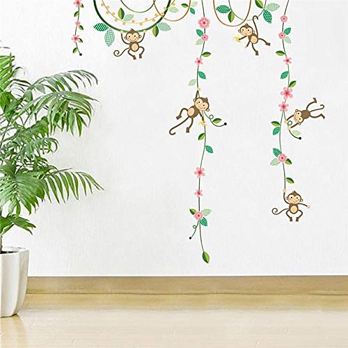 

funny monkeys hanging on tree flowers vine wall stickers for kids room decoration nursery mural art diy home decals