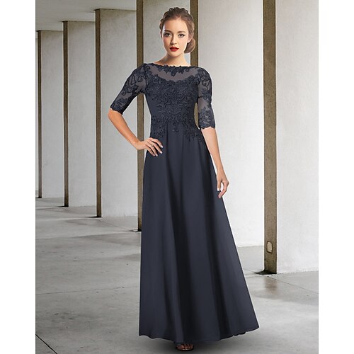 

A-Line Mother of the Bride Dress Elegant Jewel Neck Floor Length Chiffon Lace Half Sleeve with Appliques 2022