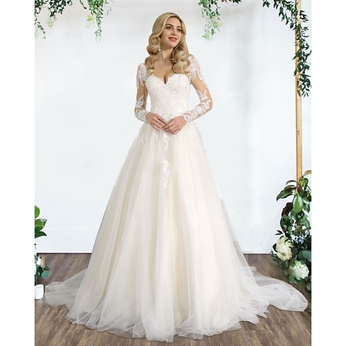 

Princess A-Line Wedding Dresses Sweetheart Neckline Sweep / Brush Train Lace Tulle Sleeveless Country Formal Luxurious with Pleats Appliques 2022