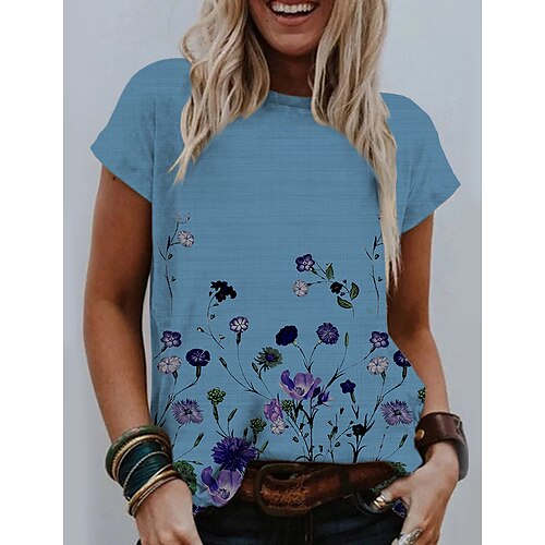

Women's T shirt Tee Blue Khaki Gray Floral Flower Short Sleeve Daily Round Neck S / 3D Print