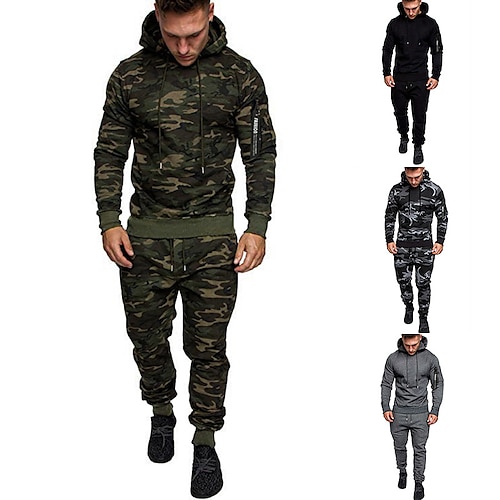 

Men's Hoodie Tracksuit Sweatsuit Jogging Suits Green Black Dark Gray Gray Hooded Camo / Camouflage Sports & Outdoor Casual Daily Designer Sportswear Casual Fall Spring Clothing Apparel Hoodies