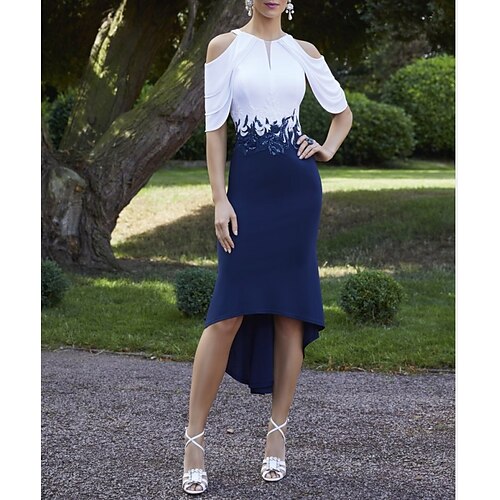 

Sheath / Column Mother of the Bride Dress Elegant Jewel Neck Asymmetrical Knee Length Chiffon Half Sleeve with Appliques Color Block 2022