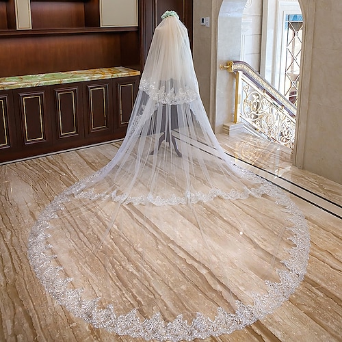 

Two-tier Classic Style / Flower Style Wedding Veil Chapel Veils with Embroidery / Appliques 157.48 in (400cm) Tulle