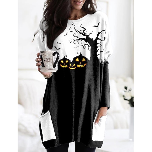 

Women's T shirt Tee Tunic Black Graphic Pumpkin Pocket Print Long Sleeve Halloween Weekend Basic Halloween Round Neck Long Floral Abstract Painting S