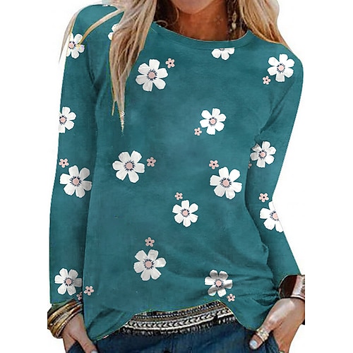 

Women's T shirt Tee Green Blue Pink Floral Daisy Print Long Sleeve Holiday Weekend Basic Round Neck Regular Floral Painting S