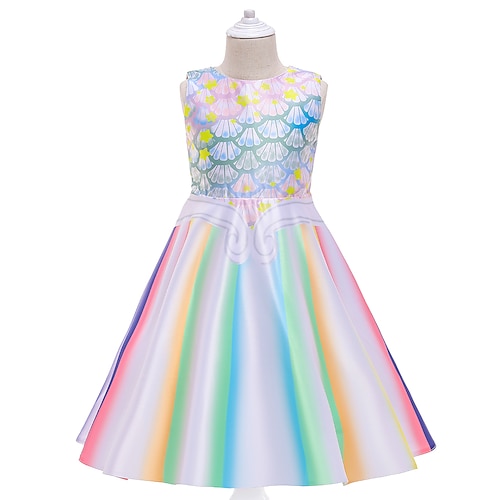 

Kids Little Girls' Dress Rainbow Striped Mermaid Print Light Green Above Knee Sleeveless Princess Cute Dresses Children's Day Slim 3-10 Years