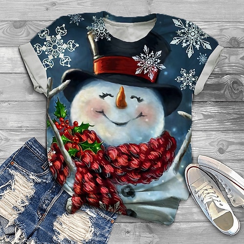 

Women's Plus Size Tops T shirt Cartoon Snowflake Print Short Sleeve Crewneck Basic Streetwear Christmas Christmas Daily Cotton Spandex Jersey Fall Winter Blue Black