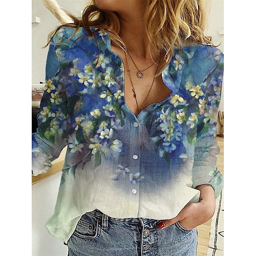 

Chemise Chemisier Femme Bleu Floral Abstrait Bouton Imprimer manche longue du quotidien Fin de semaine Vêtement de rue Décontractées Col de Chemise Normal Standard Fleur S
