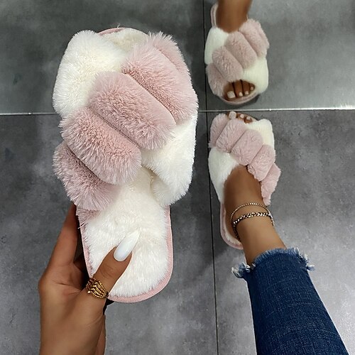 

Women's Slippers Flip-Flops Fuzzy Slippers Fluffy Slippers House Slippers Flat Heel Round Toe Faux Fur Loafer Color Block Black Rosy Pink Green