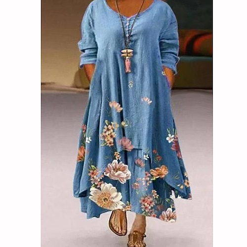 

Damen Übergröße Schaukelkleid Bedruckt Rundhalsausschnitt Langarm Herbst Frühling Vintage Casual Maxikleid Täglich Festtage Kleid