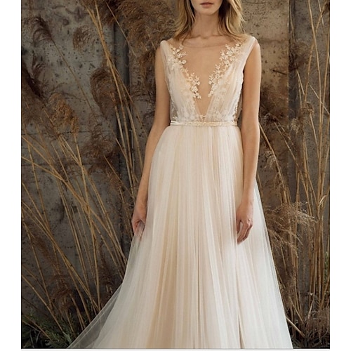 

A-Line Wedding Dresses V Neck Court Train Lace Tulle Sleeveless Romantic Beach Sexy with Appliques 2022