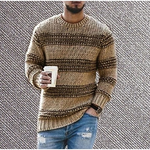 

Men's Sweater Pullover Knit Knitted Striped Crew Neck Stylish Vintage Style Daily Clothing Apparel Winter Fall Black Blue S M L