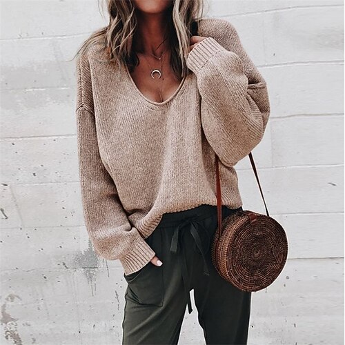 

Women's Pullover Sweater Jumper Knitted Solid Color Stylish Basic Casual Long Sleeve Regular Fit Sweater Cardigans V Neck Fall Winter Purple Yellow Gray / Holiday