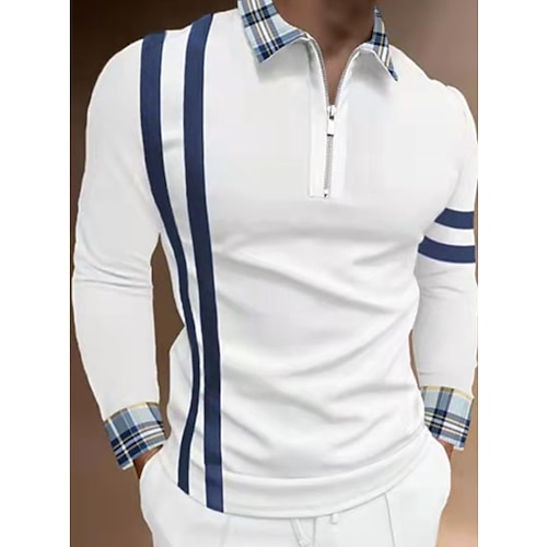 

Men's Golf Shirt Graphic Prints Letter Standing Collar Work Club Braided Patchwork Long Sleeve Slim Tops Cotton Business Fashion Retro Hip-Hop White / Beach