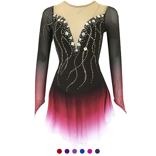 

Figure Skating Dress Women's Girls' Ice Skating Dress Outfits Black Purple Dark Purple Open Back Spandex High Elasticity Training Skating Wear Handmade Solid Colored Classic Crystal / Rhinestone Long