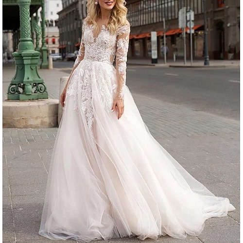 

A-Line Wedding Dresses V Neck Sweep / Brush Train Lace Tulle Long Sleeve Romantic Luxurious with Appliques 2022