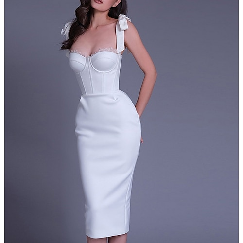 

Sheath / Column Wedding Dresses Scoop Neck Knee Length Stretch Fabric Sleeveless Simple Sexy Little White Dress with Bow(s) 2022