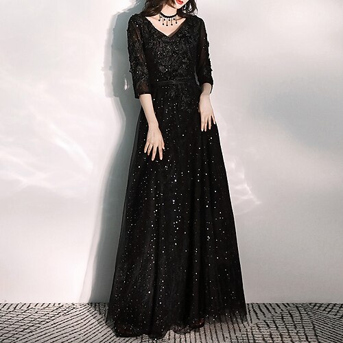 

A-Line Evening Dresses Glittering Dress Prom Floor Length 3/4 Length Sleeve V Neck Tulle with Embroidery Appliques 2022 / Formal Evening