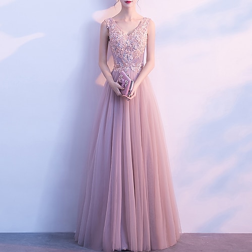 

A-Line Elegant Floral Engagement Prom Dress V Neck Sleeveless Floor Length Tulle with Embroidery Appliques 2022