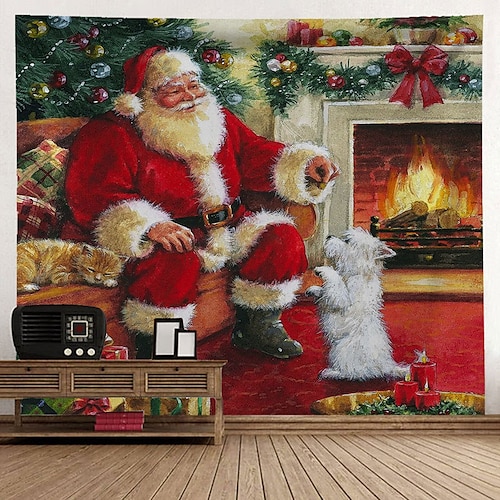 

Christmas Santa Claus Holiday Party Wall Tapestry Art Decor Photo Background Backdrop Hanging Home Bedroom Living Room Decoration Christmas Tree Snowman Elk Snowflake Candle Gift Fireplace