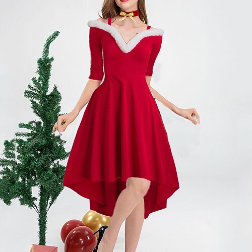 

Women's Christmas Swing Dress Party Dress Midi Dress Red Half Sleeve Santa Claus Cold Shoulder Plus High Low Faux Fur Trim Winter Fall V Neck Vintage Elegant Sexy Party Christmas 2022 S M L XL XXL