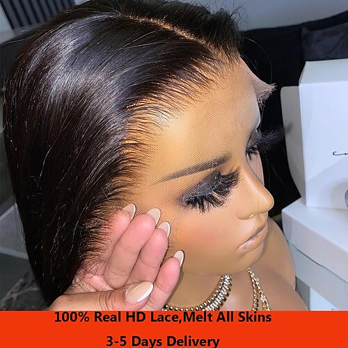 

150 180 13x4 Lace Frontal Human Hair Wigs Natural Color Straight Invisible Transparent Pre Plucked Bleached Knots Brazilian