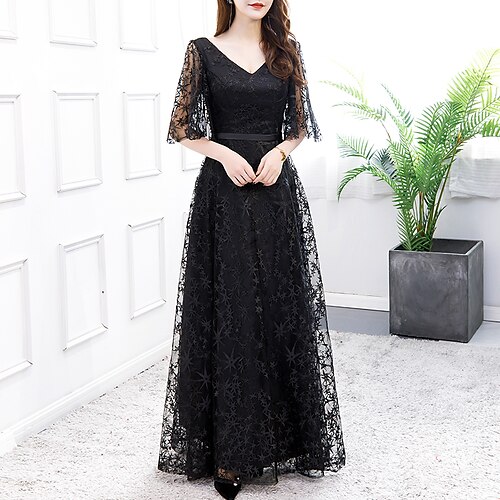 

A-Line Evening Dresses Minimalist Dress Wedding Guest Floor Length Half Sleeve V Neck Tulle with Sash / Ribbon Pattern / Print 2022 / Formal Evening